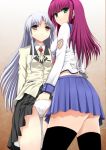  2girls angel_beats! black_legwear black_thighhighs blue_hair blush female fingering green_eyes hairband hand_in_panties long_hair multiple_girls niwatori_kokezou panties purple_hair pussy_juice school_uniform silver_hair skirt skirt_lift tenshi_(angel_beats!) thighhighs underwear yellow_eyes yuri yuri_(angel_beats!) zettai_ryouiki 