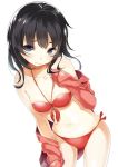 1_female 1_girl 1girl 3: absurdres bandeau bare_shoulders bent_over bikini black_hair boku_wa_tomodachi_ga_sukunai breasts buriki_(style) cleavage collarbone commentary_request derivative_work female female_human front-tie_top halterneck hand_on_own_chest highres human jacket looking_at_viewer medium_breasts mikazuki_yozora navel open_clothes photoshop_(medium) purple_eyes red_bikini short_hair side-tie_bikini_bottom simple_background sleeves_past_wrists solo standing swimsuit teen thigh_gap wet white_background zuruzuru-san