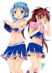 2girls :o antenna_hair blue_eyes blue_hair blue_skirt blush cheerleader covering_one_eye crossed_arms female gleision_adain hair_ornament hot long_hair mahou_shoujo_madoka_magica midriff miki_sayaka multiple_girls navel panties pleated_skirt ponytail red_eyes red_hair sakura_kyouko shirt_lift short_hair simple_background skirt standing sweat thigh_gap towel towel_around_neck towel_on_shoulders underwear undressing very_long_hair white_background