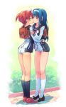  2girls ahoge akane_isshiki aoi_futaba_(vividred_operation) arm_grab art ass babe backpack bag bare_legs black_socks blue_hair blush buruma closed_eyes female friends futaba_aoi_(vividred_operation) hair hairband highres hugging isshiki_akane kiss kissing legs long_hair long_sleeves love michairu multiple_girls mutual_yuri neck randoseru red_hair redhead school_briefcase school_uniform scrunchie serafuku shoes short_hair short_shorts shorts standing twintails vividred_operation yuri 