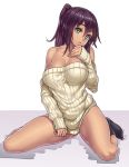  1_girl 1girl ankle_socks art babe bare_legs bare_shoulders big_breasts black_hair black_socks bottomless breasts cleavage collarbone dark_skin female green_eyes hair_between_eyes high_res highres houtengeki large_breasts legs lips long_hair naked_sweater off-shoulder_sweater off_shoulder original ponytail ribbed_sweater simple_background sitting sleeves_past_wrists smile socks solo sweater thighs wariza white_background 