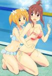  2girls absurdres art barefoot bikini blush breast_grab breasts brown_eyes brown_hair cleavage female friends grabbing green_eyes haruka_takayama highres kneeling medium_breasts multiple_girls non-web_source nyantype open_mouth pool poolside sakai_kyuuta sakura_trick scan short_hair side-tie_bikini small_breasts sonoda_yuu swimsuit takayama_haruka water yuri yuu_sonoda 