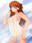  1girl asuka_langley_souryuu bare_shoulders big_breasts bird blue_eyes breasts evangelion:_3.0_you_can_(not)_redo eyepatch female female_only highres long_hair looking_at_viewer medium_breasts naked_shirt neon_genesis_evangelion nipples non-web_source orange_hair rebuild_of_evangelion seagull see-through see-through_top shirt solo_female tusia wet wet_shirt 