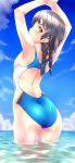  1girl armpits arms_up ass bare_shoulders bikini black_eyes black_hair blue_swimsuit braid butt_crack cloud commentary_request competition_swimsuit cowboy_shot day from_behind highres long_hair looking_at_viewer looking_back nagayori ocean one-piece_swimsuit original outdoors partial_commentary shiny shiny_skin sky solo standing swimsuit twin_braids wading water wet 