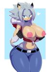 <3 1girl anthro areola bandage big_breasts black_nose blue_eyes bottomwear breasts clothed clothing collar demeter_(alphalyons) eulipotyphlan fan_character flashing fur furry grey_fur grey_hair hair half-closed_eyes hedgehog high_res jeans looking_at_viewer mammal nipples pants partially_clothed pink_areola pink_nipples sega sssonic2 tongue tongue_out wide_hips