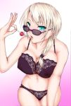 big_breasts blonde_hair blue_eyes bra breasts candy glasses lingerie lollipop navel nipples panties purple_bra purple_panties saliva see-through shades solo underwear