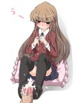 1girl aisaka_taiga annoyed asana_tsukune blush brown_hair cum cum_on_body cum_on_feet cum_on_lower_body ejaculation feet footjob long_hair penis pillow school_uniform skirt solo_focus taiga_aisaka thighhighs toradora! uncensored white_background