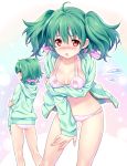 1girl ahoge ass bikini blush bow breasts cleavage dual_persona embarrassed green_hair hair_bow high_res highres jacket kousaki_rui looking_back macross macross_frontier navel open_mouth orange_eyes ranka_lee short_hair short_twintails string_bikini swimsuit twin_tails twintails