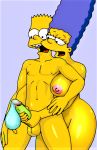 bart_simpson blue_hair breast condom cum erect_penis evilweazel_(artist) handjob incest marge_simpson masturbation mother_&_son pink_areolae stroking_penis the_simpsons yellow_skin