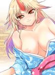  1girl bare_shoulders blonde_hair breasts breasts_apart cleavage female horn horns hoshiguma_yugi hoshiguma_yuugi hoshiguma_yuugi_(promo) japanese_clothes kimono kimono_pull large_breasts long_hair nipples red_eyes smile solo takadoya touhou yukata yuugi_hoshiguma 