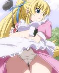 1girl apron blonde_hair blue_eyes cameltoe ladle lilith_aileron lowres panties pantyshot ponytail tales tales_of_(series) tales_of_destiny tunnel_(artist) underwear upskirt white_panties