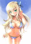 1girl adjusting_hair big_breasts bikini blonde_hair blue_bikini blush boku_wa_tomodachi_ga_sukunai breasts butterfly butterfly_hair_ornament cleavage green_eyes green_hair hair_ornament hair_tucking kashiwazaki_sena katahira_masashi large_breasts leaning_forward long_hair looking_at_viewer navel shiny shiny_skin side-tie_bikini sky smile solo strap_gap swimsuit