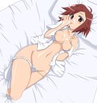  1girl aoba_tsugumi areola areolae breasts cum cum_on_body cum_on_breasts cum_on_upper_body facial footwear groin hips kannagi licking lying mound_of_venus nipple_slip nipples no_bra non non_(number) open_clothes open_shirt panties panty_pull red_eyes red_hair shirt short_hair socks solo tongue tsugumi_aoba underwear white_panties wide_hips 