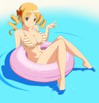 1girl big_breasts bikini blonde_hair breasts butterfly cleavage drill_hair floating_tire full_body ganota_uc ganota_uc_(artist) hair_ornament high_res highres inner_tube innertube large_breasts mahou_shoujo_madoka_magica smile solo strap_gap striped striped_bikini striped_swimsuit swimsuit tomoe_mami water yellow_eyes