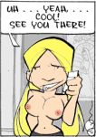  1girl big_breasts blonde_hair comic dialogue edit english_text female_only looking_at_viewer monica_villarreal nipples text topless_female wapsi_square 