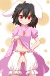 1girl :3 animal_ears black_hair bloomers bunny_ears crotchless_panties dress dress_lift female inaba_tewi mokuyou panties pussy red_eyes solo tewi_inaba thigh_gap touhou uncensored underwear