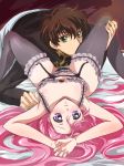  1boy 1girl :&lt; bed black_bra black_panties blush bra brown_hair code_geass couple euphemia_li_britannia frilled_panties frills garter_belt garter_straps green_eyes hetero kurimomo kururugi_suzaku lingerie long_hair looking_at_viewer lying on_back panties pink_hair purple_eyes short_hair spread_legs suzaku_kururugi thighhighs underwear underwear_only 