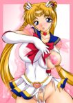  1girl areolae bishoujo_senshi_sailor_moon bishoujo_senshi_sailor_moon_supers blonde_hair blue_eyes blush breasts censored exhibitionism large_areolae large_breasts large_nipples leotard miniskirt mosaic_censoring naughty_face nipples pubic_hair sailor_moon skirt solo super_sailor_moon tiara torn_clothes tsukino_usagi twintails usagi_tsukino 