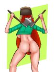  1girl ass axe bottomless breasts daryoart dual_wielding female_only gravity_falls pussy rear_view red_hair shirt wendy_corduroy 