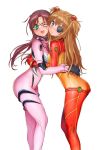  2girls aqua_eyes asuka_langley_souryuu blue_eyes blush bodysuit breast_press brown_hair cheek-to-cheek evangelion:_3.0_you_can_(not)_redo eyepatch friends glasses hair_ornament happy high_res highres hug hugging long_hair love mari_illustrious_makinami misakamitoko0903 multiple_girls neon_genesis_evangelion open_mouth plugsuit purple_hair rebuild_of_evangelion simple_background smile standing symmetrical_docking twintails two_side_up white_background wink yuri 