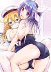 2_girls 2girls ahoge all_fours arino_hiroshi arm arm_support arms ass back bare_back bare_legs beret big_breasts blonde blonde_hair blue_hair blush braid breasts breasts_out breasts_outside cameltoe female friends girl_on_top glasses green_eyes hair_ribbon happy hat high_res highres i-19_(kantai_collection) i-8_(kantai_collection) kantai_collection large_breasts legs long_hair looking_at_viewer looking_back lying multiple_girls off_shoulder on_back one-piece_swimsuit open_mouth purple_eyes ribbon school_swimsuit sideboob smile spread_legs strap_slip swimsuit twintails yuri