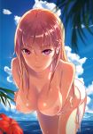 1girl bad_id bad_pixiv_id bare_shoulders bent_over bikini blonde_hair blush breast_hold breasts cleavage cloud collarbone day earrings flower hanging_breasts hibiscus jewelry large_breasts long_hair looking_at_viewer mole mole_under_eye nature nipples ocean original original_character phantania pink_eyes see-through side-tie_bikini sky smile solo sunlight swimsuit water wet wet_hair white_bikini