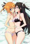  2girls :d absurdres ahoge animal_print art asymmetrical_docking bangs bed bed_sheet black_bra black_hair black_panties blue_eyes blush body_blush bow bow_bra bow_panties bra braid breast_press breasts cat_print cleavage couple female friends from_above front-print_panties groin hair_between_eyes hair_ribbon half_updo highres holding_hands incipient_kiss indoors interlocked_fingers konoe_subaru lace lace-trimmed_bra lace-trimmed_panties lace_trim light_smile lingerie long_hair looking_at_viewer looking_back lowleg lowleg_panties lying mayo_chiki! megami_magazine midriff multiple_girls narrow_waist navel non-web_source official_art on_side open_mouth orange_hair panties paw_print polka_dot polka_dot_bra polka_dot_panties ponytail print_bra print_panties red_eyes ribbon scan seductive_smile short_hair side_braid sideboob small_breasts smile suzutsuki_kanade tatsuta_shin&#039;ichi two_side_up underwear underwear_only very_long_hair white_bra white_panties wide_hips yuri 