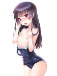 1girl bangs black_hair blunt_bangs blush breasts breasts_outside dark_hair female gokou_ruri highres long_hair looking_at_viewer mikamin mole nipples one-piece_swimsuit open_mouth ore_no_imouto_ga_konna_ni_kawaii_wake_ga_nai pettanko purple_eyes school_swimsuit small_breasts solo swimsuit swimsuit_pull white_background