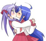  2girls ahoge blue_eyes blue_hair blush closed_eyes commentary_request dorinko female friends hair hand_holding hiiragi_kagami holding_hands hug hugging interlocked_fingers izumi_konata kiss kissing lavender_hair long_hair long_sleeves looking_at_another lucky_star mole mole_under_eye multiple_girls neckerchief purple_hair red_neckerchief ryouou_school_uniform school_uniform serafuku simple_background skirt surprised twintails very_long_hair white_background yuri 