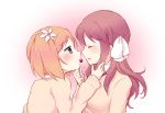  2girls art blonde_hair blue_eyes bow cherry_(fruit) closed_eyes commentary_request female flower food friends fruit hair_bow hair_flower hair_ornament imminent_kiss incipient_kiss long_hair love mouth_hold multiple_girls red_hair sakura_trick sonoda_yuu takayama_haruka tarabagani yuri 