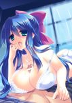 1boy 1girl bar_censor bare_shoulders blue_eyes blue_hair bow bra breasts censor_bar censored cleavage collarbone cum cum_between_breasts curtains engulfing_paizuri female hair_bow hayase_miyuki hetero highres large_breasts licking_cum long_hair lying_on_person non-web_source open_mouth paizuri panties penis sanom solo_focus strap_slip tongue triangle! trif underwear underwear_only white_bra white_panties window