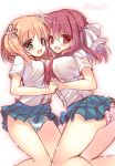  2girls :d art bare_legs blonde_hair blush commentary_request copyright_name dress_shirt female flower friends green_eyes hair_flower hair_ornament hair_ribbon holding_hands interlocked_fingers long_hair multiple_girls necktie open_mouth panties polka_dot polka_dot_panties red_hair ribbon sakura_trick school_uniform shirt short_hair sketch skirt smile sonoda_yuu striped striped_panties suzunone_rena takayama_haruka twintails underwear yuri 