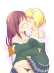  2girls aji_tama art back backlighting bare_back bare_shoulders blonde_hair blush bra breasts chair cleavage closed_eyes collarbone commentary_request female flower friends hair hair_flower hair_ornament highres hug hugging jacket kiss kissing large_breasts long_hair long_sleeves love multiple_girls navel neck off_shoulder open_clothes pink_bra purple_hair red_hair sakura_trick school_uniform short_hair short_twintails sitting sitting_on_lap sitting_on_person skirt sonoda_yuu takayama_haruka twintails underwear white_bra yuri 