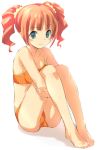 1_girl 1girl :3 aqua_eyes arm arms art babe bare_legs bare_shoulders barefoot bikini blue_eyes blush brown_hair collarbone feet female highres hugging_own_legs idolmaster idolmaster_(classic) kawata_hisashi legs looking_at_viewer midriff neck orange_bikini orange_swimsuit red_hair scrunchie shadow short_hair simple_background sitting smile solo striped striped_bikini swimsuit takatsuki_yayoi toes twintails white_background