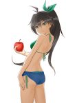 1_girl 1girl ahoge antenna_hair apple aqua_eyes arm arms art ass back bare_back bare_legs bare_shoulders bikini black_hair blue_shorts commentary_request denim denim_shorts female food fruit ganaha_hibiki green_eyes hair_ribbon hand_on_leg highres holding idolmaster idolmaster_(classic) leaning leaning_back legs long_hair looking_at_viewer looking_back minishorts ponytail ribbon short_shorts shorts side-tie_bikini simple_background smile solo standing swimsuit taka_(takahirokun) white_background