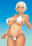 1girl asakura_sakura big_breasts bikini breasts cleavage gradient gradient_background huge_breasts long_hair looking_at_viewer one-piece_tan original short_hair solo_female strap_gap swimsuit tan tan_line white_hair yellow_eyes