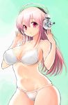 1girl :o bad_id bikini blush breasts female headphones hiro1984 large_breasts long_hair looking_at_viewer navel nitroplus open_mouth pink_eyes pink_hair shiny shiny_skin skindentation solo super_sonico swimsuit