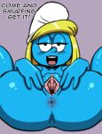 1girl 1girl anus anus_peek asking_for_it blonde_female blonde_hair blue_body blue_skin blush darkeros13 english english_text humanoid looking_at_viewer presenting presenting_pussy pussy smurf smurfette smurfs spread_legs spread_pussy spreading the_smurfs thedarkeros