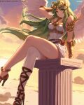 1girl alluring angel_wings bare_shoulders collarbone crossed_legs dress earrings feathered_wings female_only forehead_jewel green_eyes green_hair itzah jewelry kid_icarus long_hair medium_breasts nintendo palutena pixel_art single_thighhigh sitting stockings strapless strapless_dress white_dress white_thighhighs white_wings wings