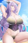 1girl alluring alternate_costume aslind_samure aslindsamure beach big_breasts brown_bikini brown_swimsuit camilla_(fire_emblem) female_only female_pubic_hair fire_emblem fire_emblem_fates hair_over_one_eye light-skinned_female long_hair nintendo ocean pin_up pubic_hair pubic_hair_peek purple_eyes purple_hair yellow_bikini yellow_swimsuit