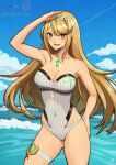  1girl 1girl 1girl alluring bikini blonde_hair core_crystal eightyfourart female_only mythra nintendo one-piece_bikini open_mouth swimsuit tagme xenoblade_(series) xenoblade_chronicles_2 