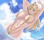 1girl absurd_res alluring arms_up big_breasts blonde_hair blue_sky breasts calmgreentori circlet cloud cloudy_sky commentary english_commentary high_res long_hair looking_at_viewer mythra navel nintendo o-ring o-ring_swimsuit open_mouth outside sky sling_bikini slingshot_swimsuit stomach swept_bangs swimsuit water xenoblade_(series) xenoblade_chronicles_2 yellow_eyes yellow_slingshot_swimsuit