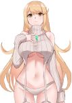  1girl 1girl alluring bare_shoulders big_breasts blonde_hair core_crystal_(xenoblade) curvy detached_sleeves garter_straps hair_between_eyes high_res light_frown long_hair meme_attire mythra navel panties skindentation sleeveless sleeveless_sweater sleeves_past_wrists standing sweater thigh_gap turtleneck turtleneck_sweater underwear very_long_hair virgin_destroyer_sweater white_panties white_sleeves xenoblade_(series) xenoblade_chronicles_2 yellow_eyes yukimimi16792 