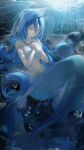  1girl alluring alternate_costume animal azura_(fire_emblem) blue_hair bubble commentary fire_emblem fire_emblem_fates fish floating_hair hair_between_eyes high_res jewelry long_hair looking_at_viewer medium_breasts mermaid navel nintendo pendant shell shell_bikini stomach submerged symbol-only_commentary twitter_username veil very_long_hair water yellow_eyes yun_(dl2n5c7kbh8ihcx) 