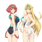 2girls alluring ass big_breasts bikini blonde_hair hata_(pixiv10403940) mythra nintendo one-piece_bikini pin_up pyra red_eyes red_hair xenoblade_(series) xenoblade_chronicles_2 yellow_eyes