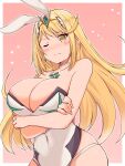 1girl alluring arms_under_breasts bare_shoulders big_breasts blonde_hair blush chinese_zodiac cleavage collarbone covered_navel cowboy_shot crossed_arms curvy female_focus high_res highleg highleg_leotard kurokaze_no_sora leotard matching_hair/eyes mythra navel nintendo playboy_bunny standing strapless strapless_leotard white_leotard wide_hips xenoblade_(series) xenoblade_chronicles_2 year_of_the_rabbit yellow_eyes