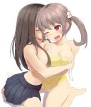 2girls arm arms art babe bare_legs bare_shoulders barefoot big_breasts black_hair blush breast_press breasts camisole cheek_kiss cleavage closed_eyes female grey_hair hair head_tilt highres hug hugging kiss kissing large_breasts legs long_hair looking_at_viewer love moaning multiple_girls mutual_yuri off_shoulder open_mouth original red_eyes shadow short_hair simple_background sitting skirt strap_slip tank_top tongue topless twintails undressing wariza white_background wince yuri zi-shot