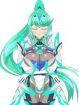 1girl alluring big_breasts cleavage closed_eyes clothed green_hair hata_(pixiv10403940) nintendo pin_up pneuma_(xenoblade) ponytail xenoblade_(series) xenoblade_chronicles_2