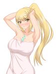  1girl alluring blonde_hair core_crystal hata_(pixiv10403940) mythra naked_towel nintendo pin_up ponytail towel xenoblade_(series) xenoblade_chronicles_2 yellow_eyes 