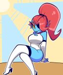 1girl 2010s 2018 2d 2d_(artwork) alternate_breast_size alternate_costume anthro anthro_only arm_support ass big_breasts black_eyepatch blue_body blue_skin breasts cleavage cleavage_cutout clothed_anthro clothed_female clothing curvy deviantart digital_media_(artwork) ear_fins eyelashes eyepatch female_anthro female_only fins fish fish_girl hair head_fins high_heel_boots legwear leotard long_boots long_hair looking_at_viewer marine monster monster_girl multicolored_background nelljoestar nipples non-mammal_breasts outline ponytail pussy red_hair red_ponytail sharp_teeth simple_background sitting slit_pupils smile smirk solo_anthro solo_female stocking stockings teeth undertale undertale_(series) undyne video_game_character video_games white_clothing white_high_heel_boots white_leotard white_outline white_teeth yellow_sclera